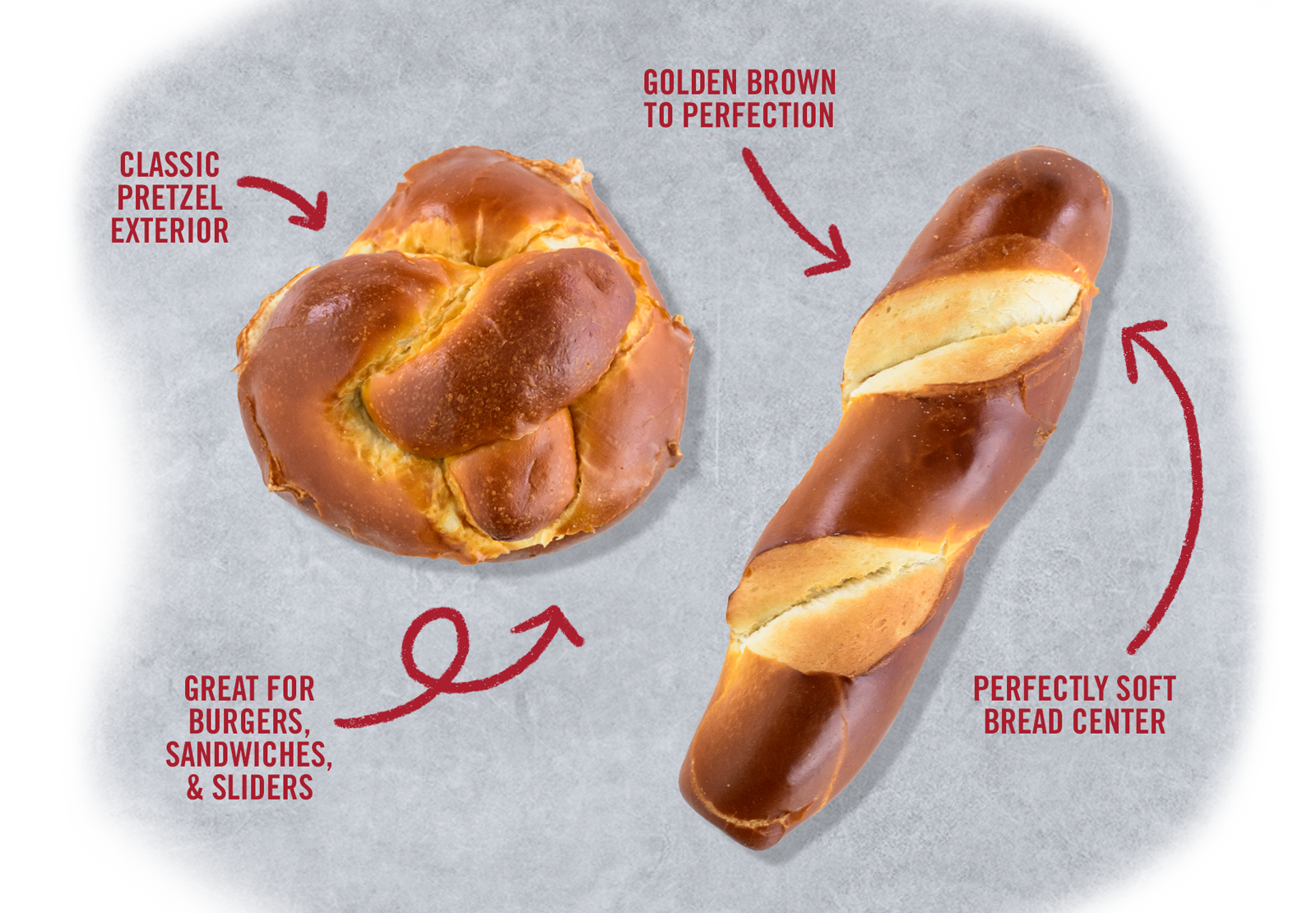 Classic Pretzel Exterior; Golden Brown to Perfection; Great for Burgers, Sandwiches, and Sliders; Soft and Sweet Kings Hawaiian Bread Center