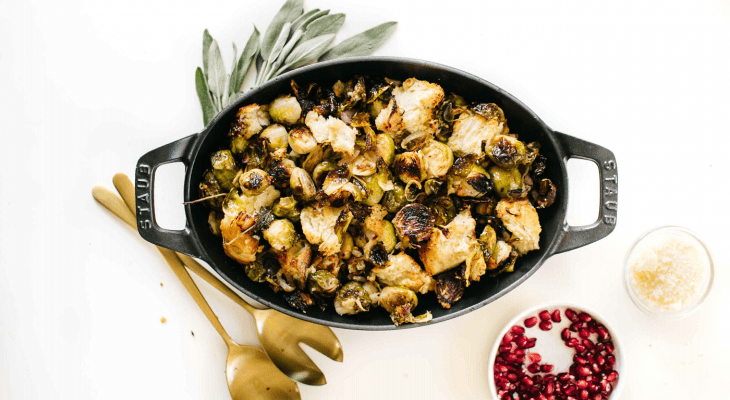 Sage Roasted Brussels Sprouts with Cheesy Bread Chunks