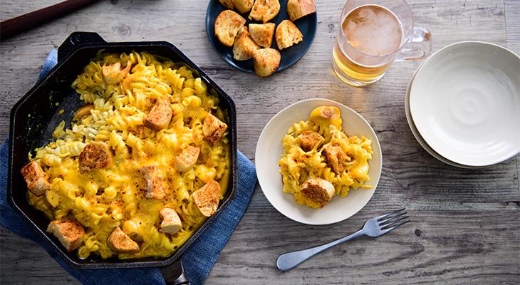 Blackened Chicken Mac n Cheese with Black and Blue Croutons