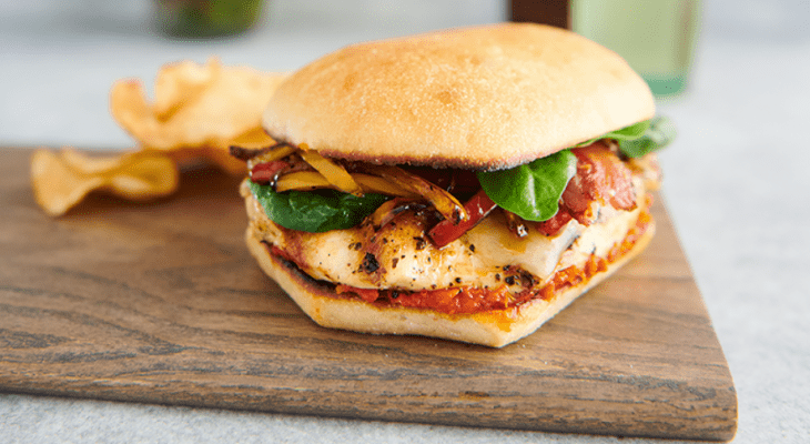 Spicy Grilled Chicken Sandwich with Peppers and Onions 