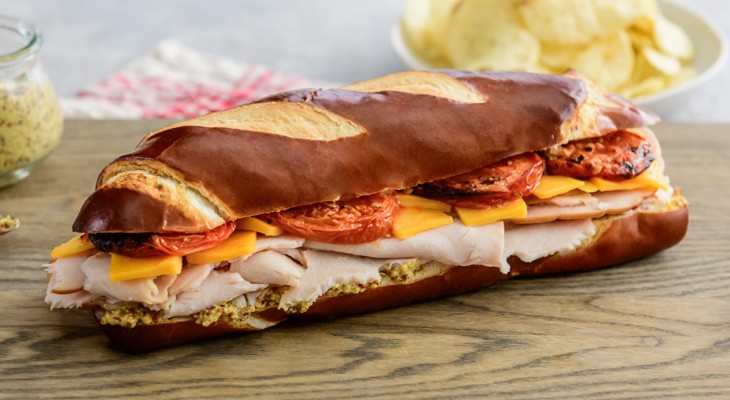 Turkey and cheddar on a pretzel baguette