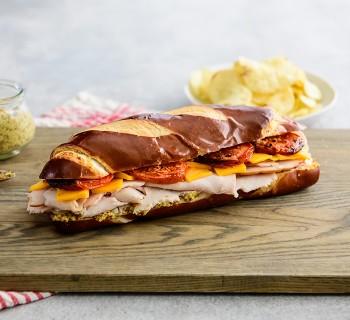 Turkey and cheddar on a pretzel baguette