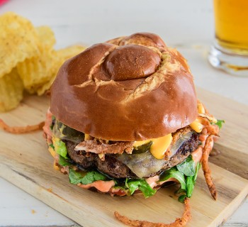 burger on a pretzel bun