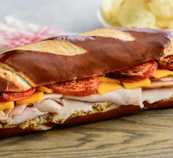 Turkey and cheddar on a pretzel baguette